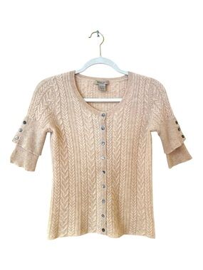 Vertical Design 2-Ply Cashmere Cardigan Sweater Women’s Small Cream Cable Knit